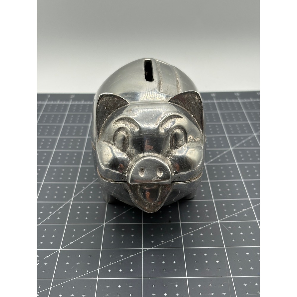 Vintage Silver Tone Cast Mexican Metal Piggy Bank with Wooden Base Plate